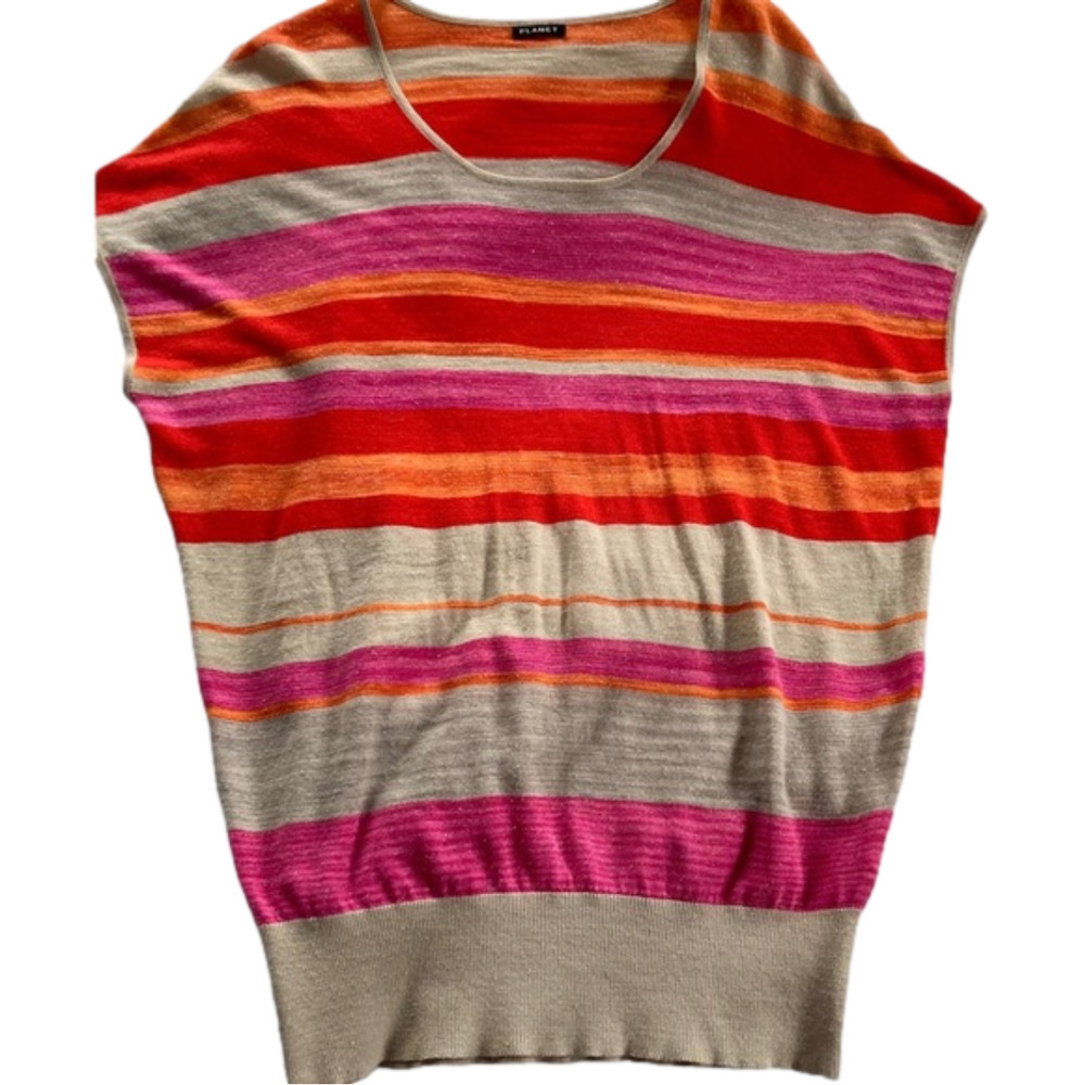 Planet multi-coloured striped linen blend top. Size M. Pink, orange, cre…